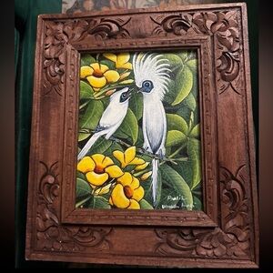 RARE ORIGINAL Bali Starlings perched among flowers foliage painting Balik Ubud